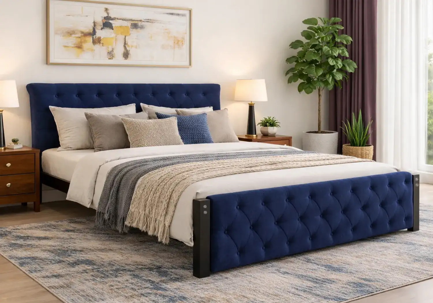 Eden Upholstered Double Bed & Mattress Combo (Navy Blue)